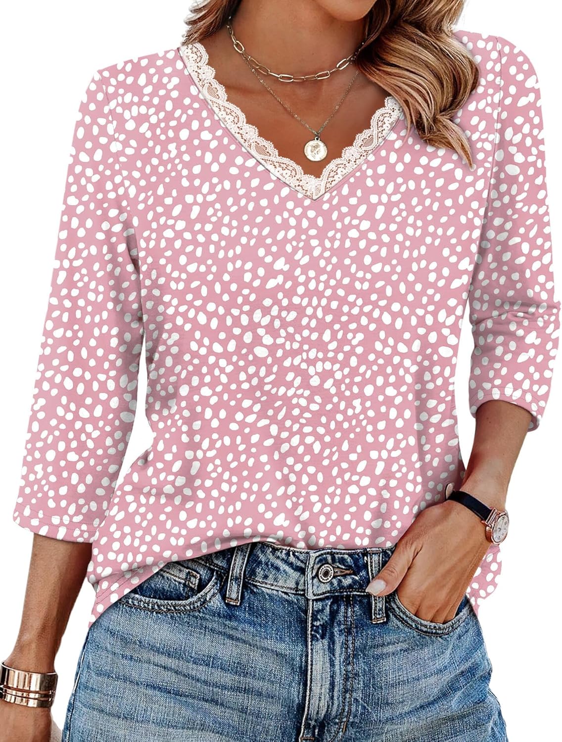 WIHOLL 3/4 Length Sleeve Womens Tops Lace V Neck Tunic Tops Loose Fit Dressy Casual Shirts Blouses