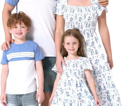 PATPAT Family Matching Outfits Boho Floral Print Square Neck Puff Sleeve Smocked Dress and Short Sleeve T-Shirts Matching Set