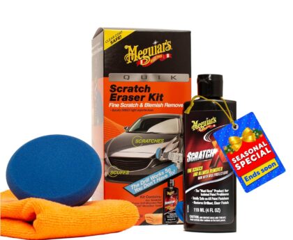 Meguiar’s Quik Scratch Eraser Kit, Car Scratch Remover for Fixing Surface Blemishes, Includes ScratchX, Drill-Mounted Pad, and Microfiber Towel, Great Car Gifts for Men and Women