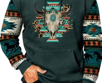 Men’s Western Hoodies Ethnic Print Graphic Sweatshirt Retro Long Casual Drawstring Pullover with Pocket