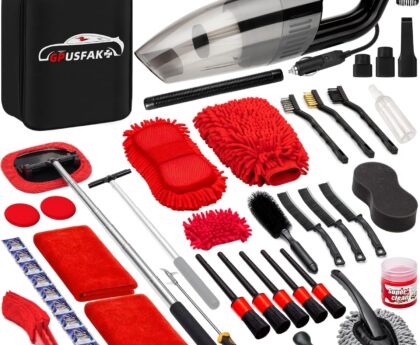 45Pcs Car Wash Cleaning Kit with High Power Handheld Vacuum Windshield Cleaning Tool with Side Mirror Squeegee Detailing Brushes Tire Brush Towels Complete Detailing Set for Car