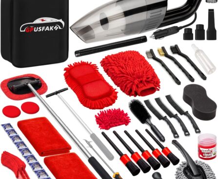 45Pcs Car Wash Cleaning Kit with High Power Handheld Vacuum Windshield Cleaning Tool with Side Mirror Squeegee Detailing Brushes Tire Brush Towels Complete Detailing Set for Car