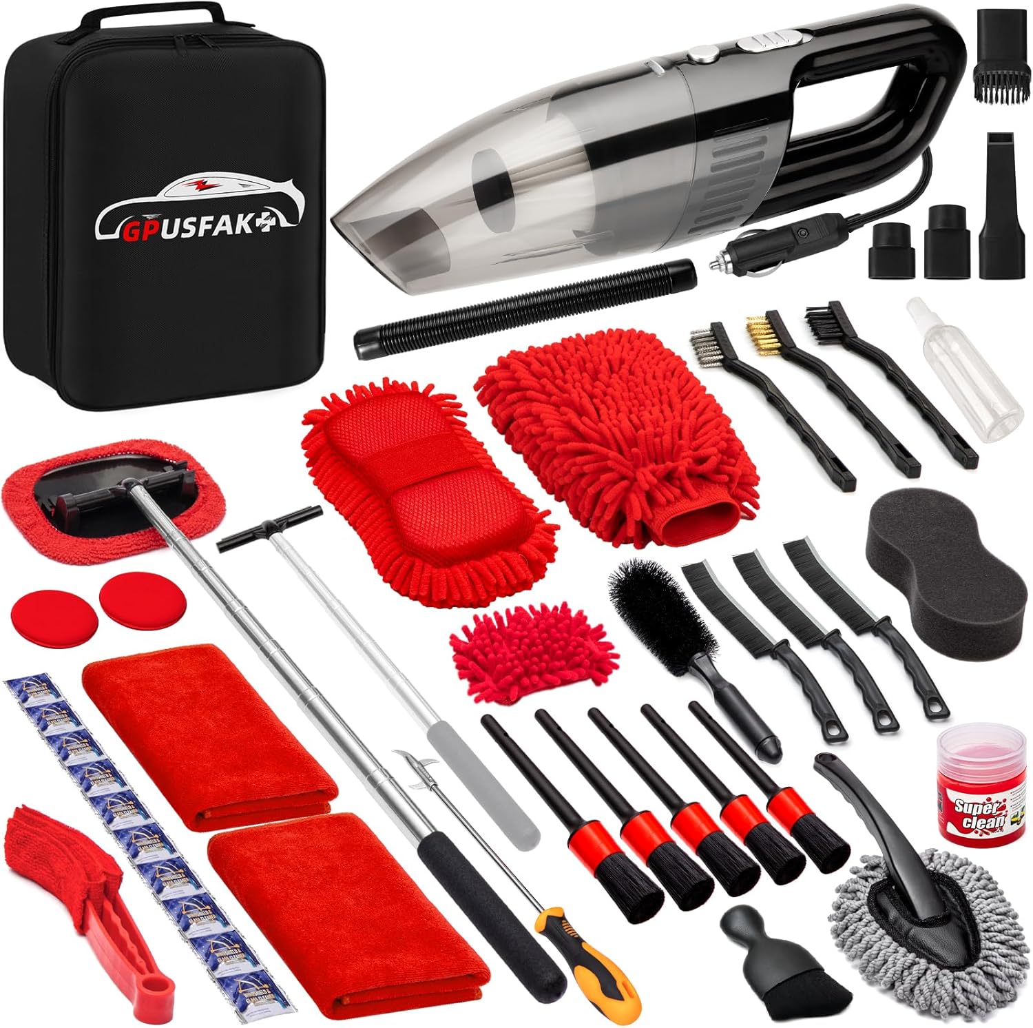 45Pcs Car Wash Cleaning Kit with High Power Handheld Vacuum Windshield Cleaning Tool with Side Mirror Squeegee Detailing Brushes Tire Brush Towels Complete Detailing Set for Car