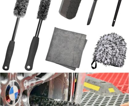 7PCS Pro-Grade Wheel Cleaning Kit: Long Handle Soft Wheel Brushes, Detailing Brush, Tire Scrubber, Wash Mitt, Hex-Logic Applicator & Microfiber Towel for Deep Car Detailing