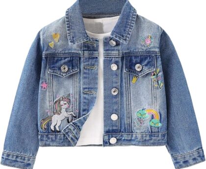 Verdusa Girl’s Jean Jacket Cute Embroidery Denim Jacket Long Sleeve Button Down Spring Fall Outerwear