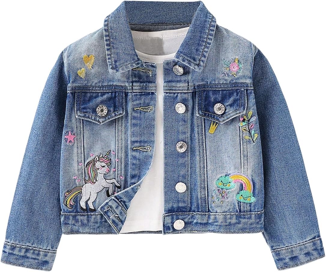 Verdusa Girl’s Jean Jacket Cute Embroidery Denim Jacket Long Sleeve Button Down Spring Fall Outerwear
