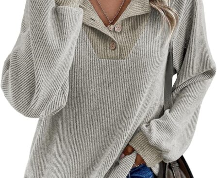 EVALESS Womens Fall Fashion 2025 Womens Long Sleeve Shirts Patchwork Button Up V Neck Sweatshirt Casual Pullover Tops