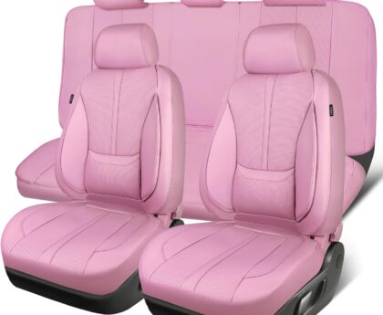 CAR PASS Pink Leather Seat Covers Full Set, Water Resistant 3D Foam Faux Leather Seat Cover, Luxury Comfort Automotive 5 Seat Covers Cute for Women Girly, Universal Fit SUV, Vans, Trucks, All Pink