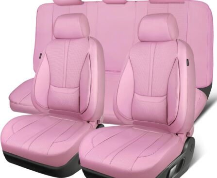 CAR PASS Pink Leather Seat Covers Full Set, Water Resistant 3D Foam Faux Leather Seat Cover, Luxury Comfort Automotive 5 Seat Covers Cute for Women Girly, Universal Fit SUV, Vans, Trucks, All Pink