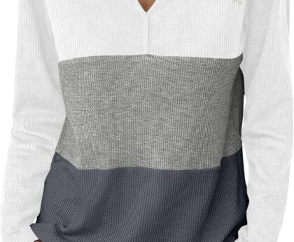 Zeagoo Women’s Waffle Shirts V Neck Long Sleeve Tops Color Block T-Shirts Casual Pullover Tunics 2025 Fashion Basic Tees