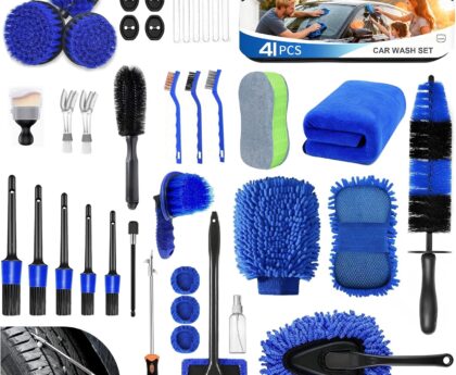 MIAOKE 41Pcs Professional Car Detailing Kit, Car Wash Kit with Portable Handbag, Wet and Dry Use Car Cleaning Kit, Durable Drill Brush, Apply to Interior, Exterior, Wheels, Trucks, Motorcycles