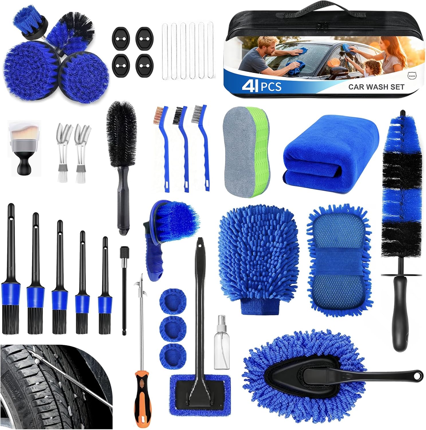 MIAOKE 41Pcs Professional Car Detailing Kit, Car Wash Kit with Portable Handbag, Wet and Dry Use Car Cleaning Kit, Durable Drill Brush, Apply to Interior, Exterior, Wheels, Trucks, Motorcycles