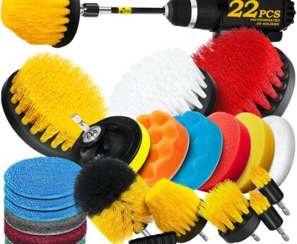 Holikme 22Pack Drill Brush Attachments Set,Scrub Pads & Sponge, Buffing Pads,Power Scrubber Brush,Car Polishing Pad Kit,Wax Applicator Pad,Car Cleaning Kit,Masonry Brushes,Cleaning Supplies