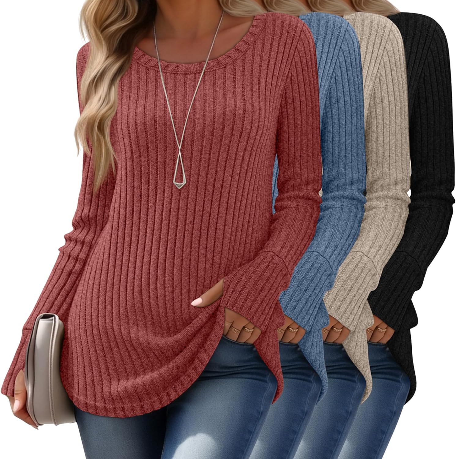 4 Pack Women’s Long Sleeve Sweaters with Thumb Holes Crew Neck Tunic Tops Fall Loose Fit Shirts Ribbed Curved Hem