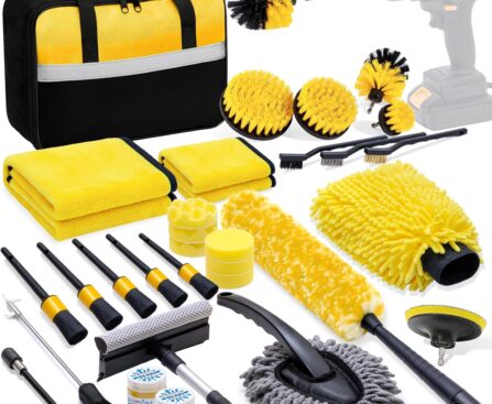 29Pcs Car Detailing Kit with 18″ Wheel Rim Brush, Car Detailing Brush Set, Car Cleaning Tools Kit for Interior Exterior Wheels, Yellow