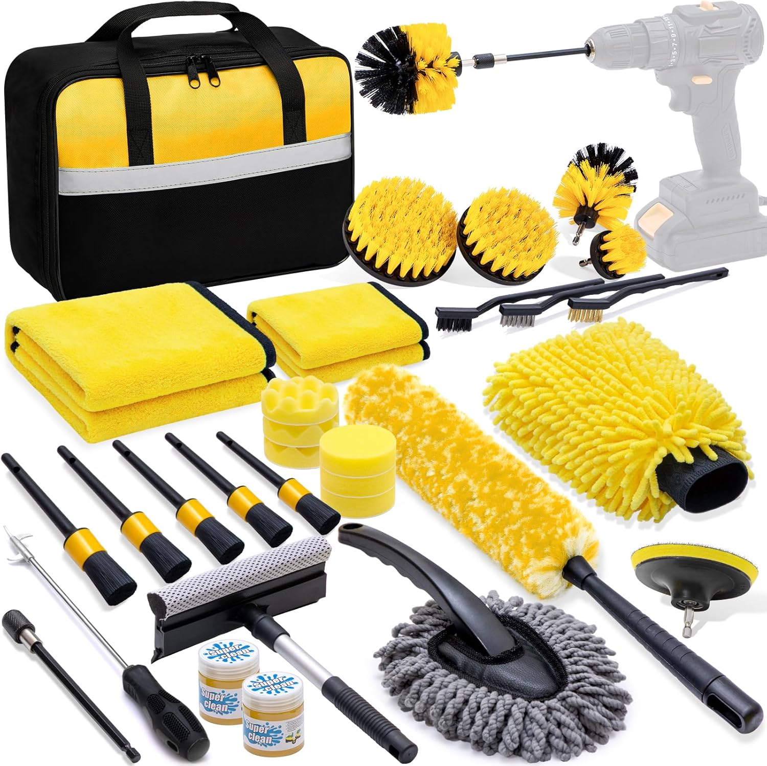 29Pcs Car Detailing Kit with 18″ Wheel Rim Brush, Car Detailing Brush Set, Car Cleaning Tools Kit for Interior Exterior Wheels, Yellow