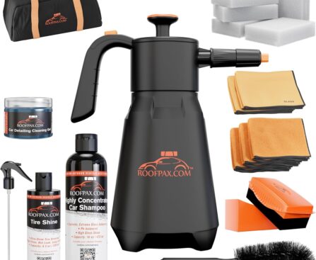 RoofPax Eco-Friendly Waterless Car Wash Spray Kit with Pressure Foam Microfiber Cloths Gel Cleaner Magic Sponge Tire Brush & Tire Spray Rinseless Car Wash for Exterior & Interior Cleaning