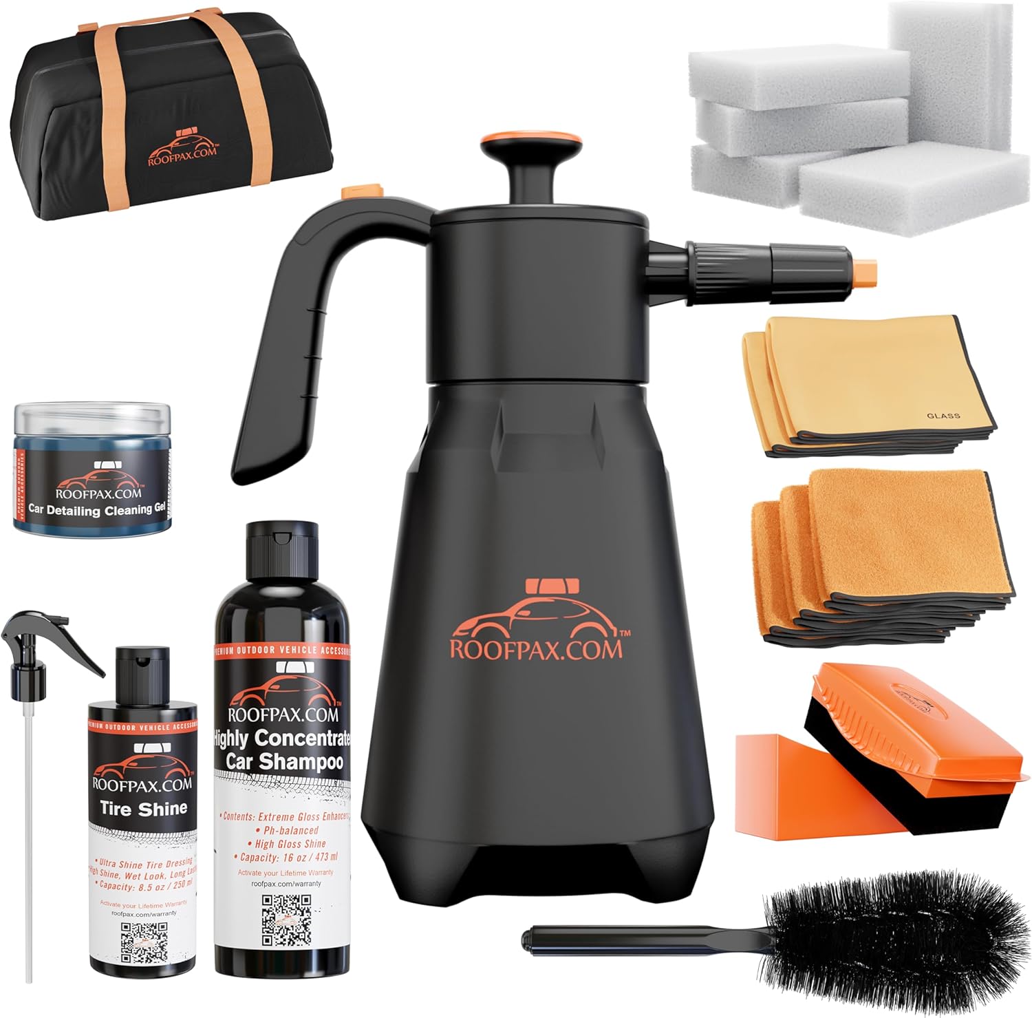 RoofPax Eco-Friendly Waterless Car Wash Spray Kit with Pressure Foam Microfiber Cloths Gel Cleaner Magic Sponge Tire Brush & Tire Spray Rinseless Car Wash for Exterior & Interior Cleaning