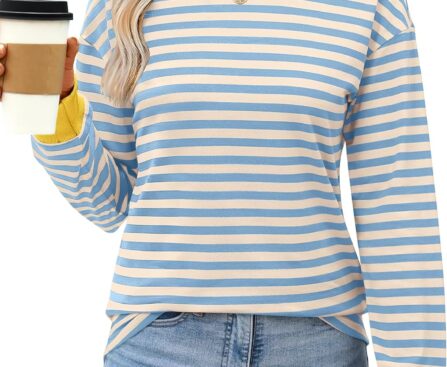 ANRABESS Long Sleeve Shirts for Women Striped Crewneck Loose Fit Tunic Tops 2025 Fall Color Block T-Shirt