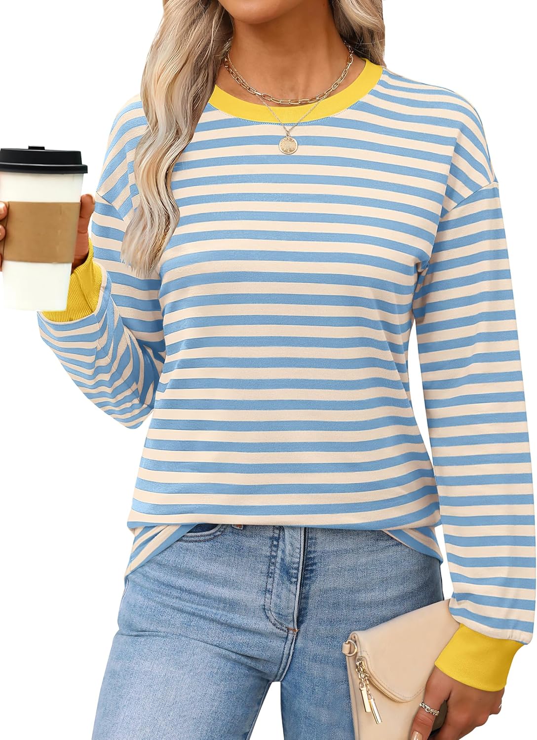 ANRABESS Long Sleeve Shirts for Women Striped Crewneck Loose Fit Tunic Tops 2025 Fall Color Block T-Shirt