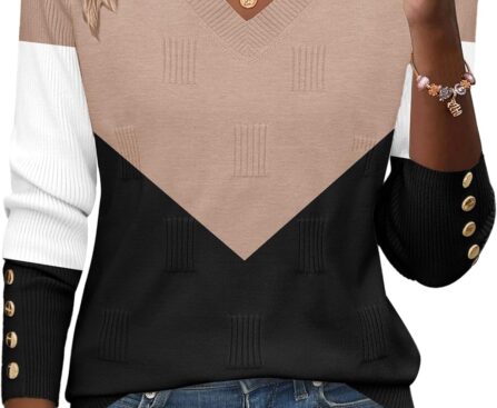 Zeagoo Womens V Neck Sweaters Shirts Long Sleeve Lightweight Ribbed Knit Pullover Sweater Blouse Tops with Buttons Oufits