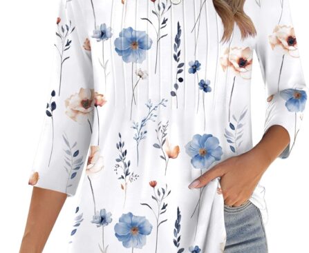 Zeagoo 3/4 Length Sleeve Womens Tops Crew Neck Loose Fit Shirts Pleated Cute Clothes Dressy Casual 2025 Summer Tunics