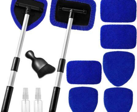 11pcs Windshield Cleaner Tool, Car Window Cleaning Wash Kit with 6 Reusable Microfiber Pads 2 Spray Bottles and Extendable Handles Auto Glass Wiper Kit, Blue