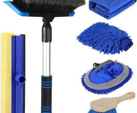 Wontolf 62” Car Wash Brush with Long Handle, Scratch-Free Soft Bristles Sturdy Car Wash Mop Kit, Complete Car Cleaning Brush Kit Wash Mitt Towel Windshield Squeegee Wheel Tire Brush for Car Truck RV