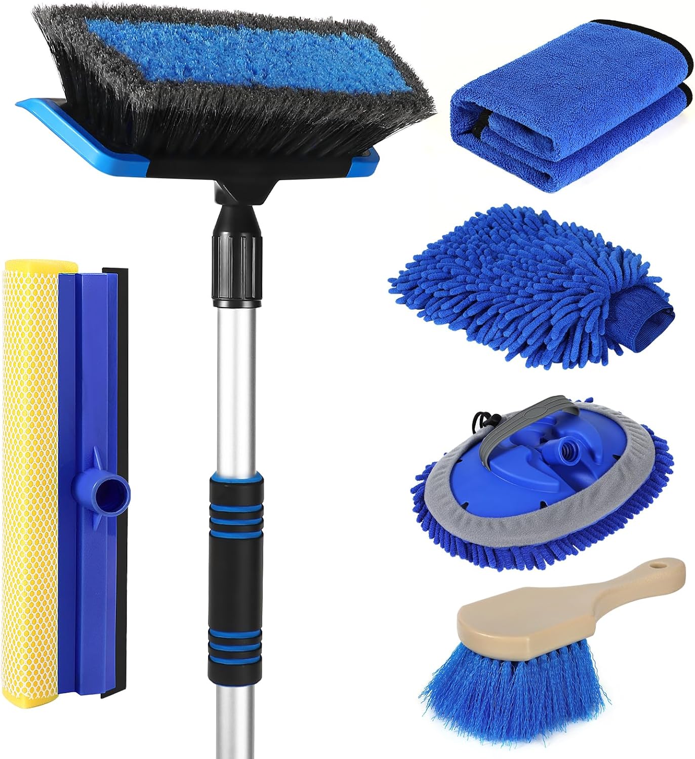 Wontolf 62” Car Wash Brush with Long Handle, Scratch-Free Soft Bristles Sturdy Car Wash Mop Kit, Complete Car Cleaning Brush Kit Wash Mitt Towel Windshield Squeegee Wheel Tire Brush for Car Truck RV