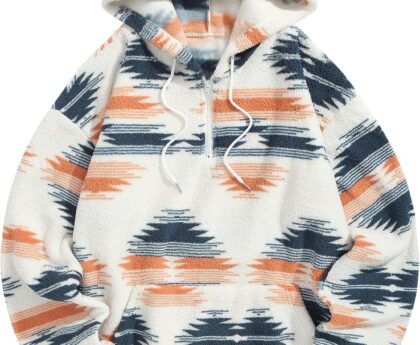 ZAFUL Men’s Hoodies Ethnic Style Contrast Binding Kangaroo Pocket Loose Pullover Fuzzy Hoodie