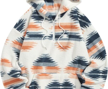 ZAFUL Men’s Hoodies Ethnic Style Contrast Binding Kangaroo Pocket Loose Pullover Fuzzy Hoodie