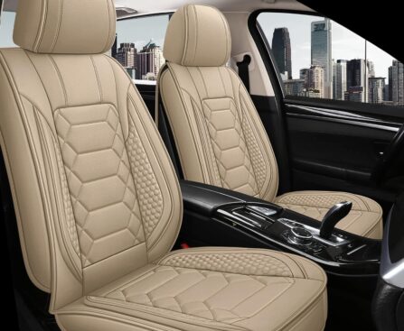 Leather Car Seat Covers Front Set, Waterproof Faux Leather Seat Covers for Cars, Non-Slip Car Interior Covers Universal Fit for Most Cars Sedans Trucks SUVs, Beige