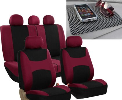 FH Group Automotive Car Seat Covers Breezy Flat Foam Padding Cloth Full Set Burgundy Seat Cover,Airbag and Split Rear Universal Fit Interior Accessories for Cars Trucks and SUV with Car Accessories