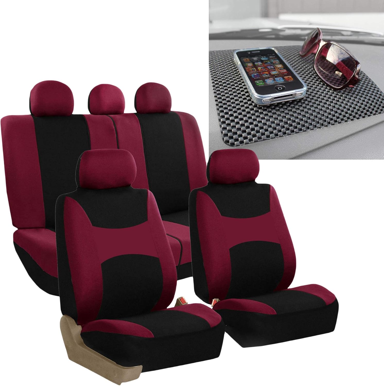 FH Group Automotive Car Seat Covers Breezy Flat Foam Padding Cloth Full Set Burgundy Seat Cover,Airbag and Split Rear Universal Fit Interior Accessories for Cars Trucks and SUV with Car Accessories