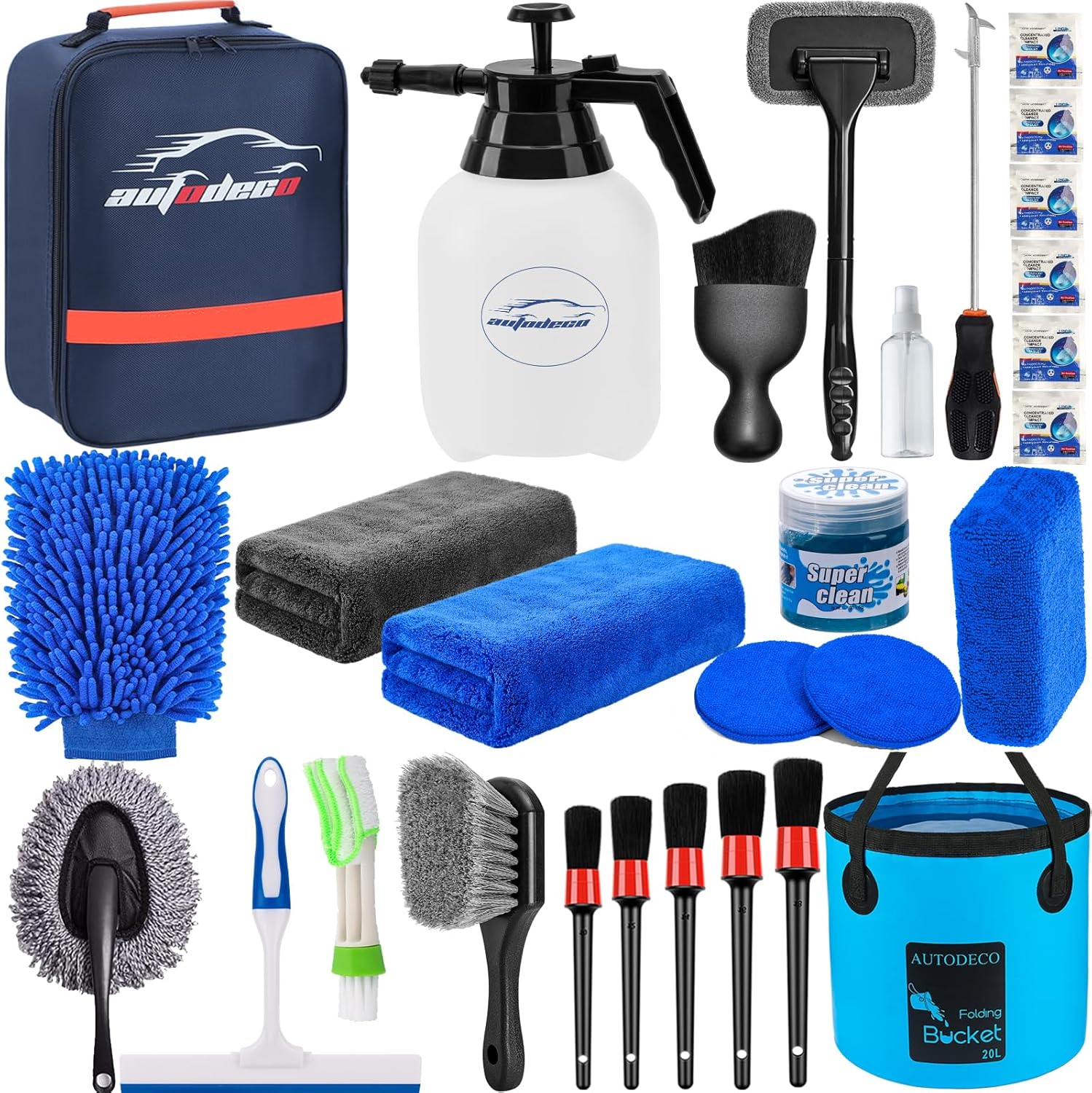 AUTODECO 29Pcs Car Detailing Kit Wash Cleaning Kits with Pump Foam Sprayer Collapsible Bucket Wash Brush Large Wash Mitt Towels Complete Interior Exterior Car Detailing Supply Set Blue