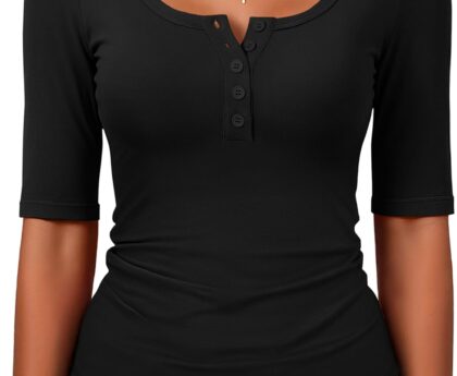 ANRABESS Womens Half Sleeve Tops Summer Slim Fitted Henley Shirts 2026 Spring Basic Tees Dressy Casual Blouses Cute T Shirt