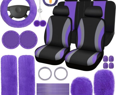 ROCEEI 43 Pcs Purple and Black Car Seat Cover Full Set for Women Christmas Fuzzy Car Accessories Fluffy Steering Wheel Cover Front Rear & Belt Handbrake Shift Accessory for Winter