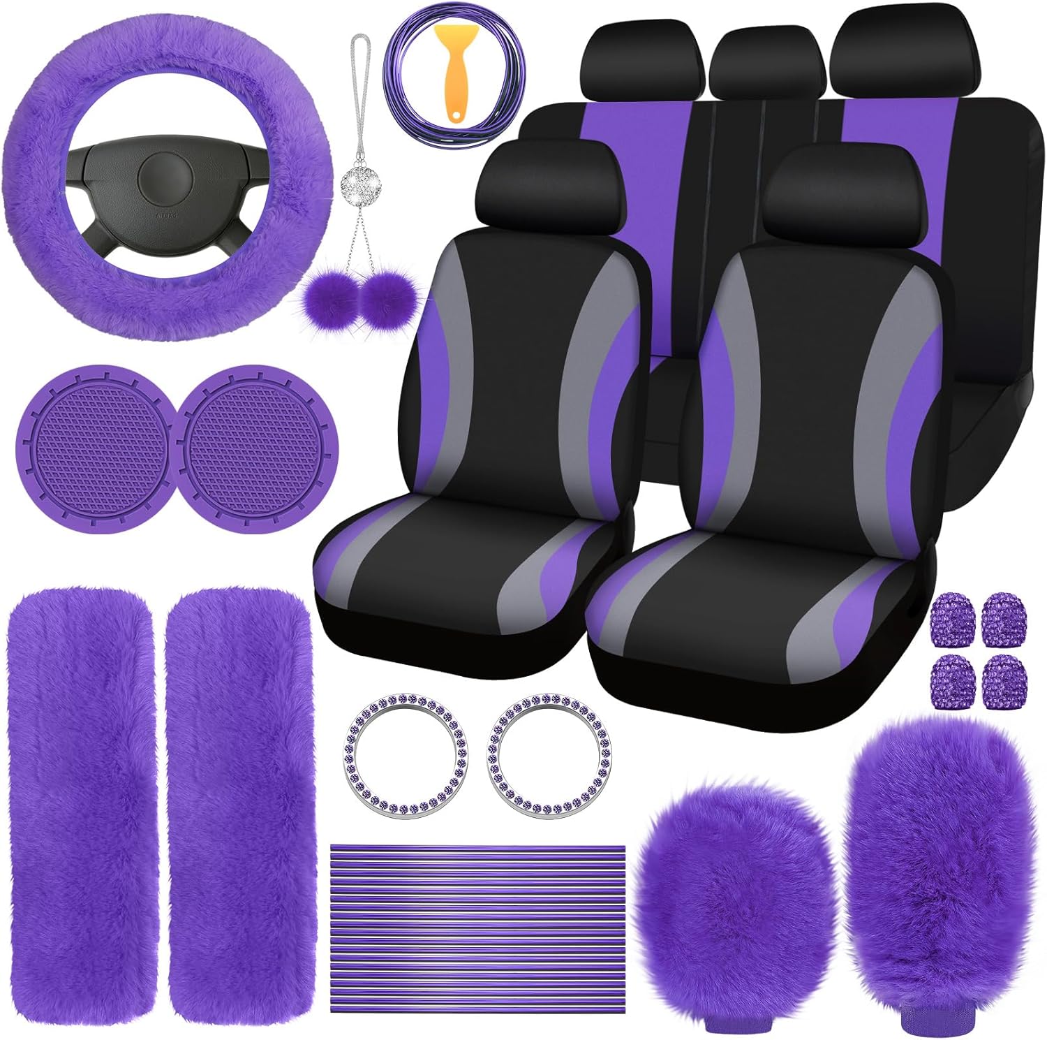 ROCEEI 43 Pcs Purple and Black Car Seat Cover Full Set for Women Christmas Fuzzy Car Accessories Fluffy Steering Wheel Cover Front Rear & Belt Handbrake Shift Accessory for Winter