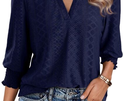 Dokotoo Womens 3/4 Length Sleeve Blouses Business Tops Dressy Casual V Neck Cute Hollow Out T-Shirts