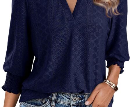 Dokotoo Womens 3/4 Length Sleeve Blouses Business Tops Dressy Casual V Neck Cute Hollow Out T-Shirts