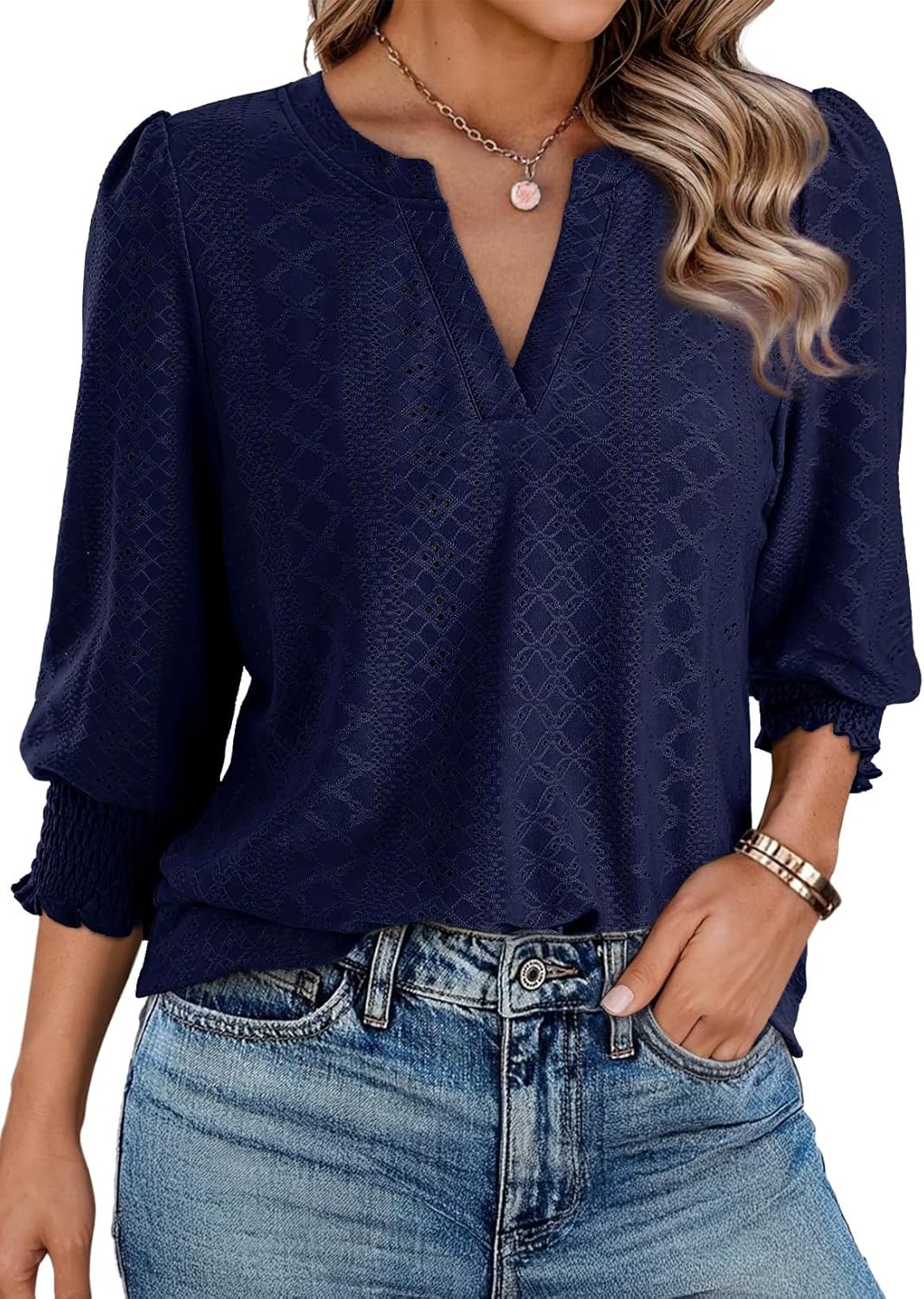 Dokotoo Womens 3/4 Length Sleeve Blouses Business Tops Dressy Casual V Neck Cute Hollow Out T-Shirts