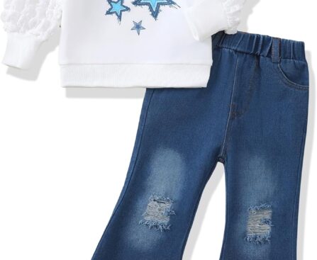Renotemy Toddler Baby Girl Clothes Fall Winter Outfits Gifts Sweatshirt Jeans Bell Bottom Pants Set for 12Months-5 Year Girls