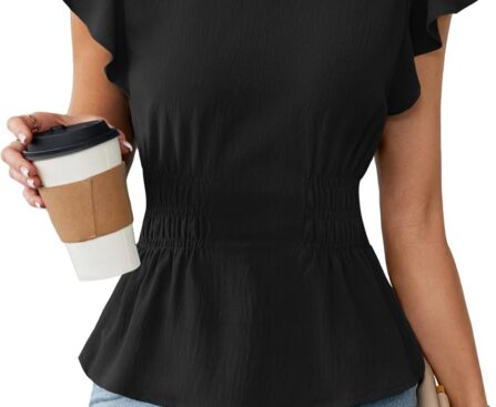 Blooming Jelly Women’s Dressy Casual Blouses Business Ruffle Short Sleeve Tops Summer Crew Neck Smocked Shirts