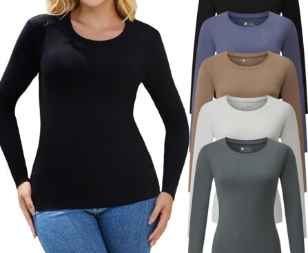 5 Pack Long Sleeve Shirts for Women Crew Neck Basic T Shirt Fall Stretch Tight Fitted Thermal Shirts Fashion Tops