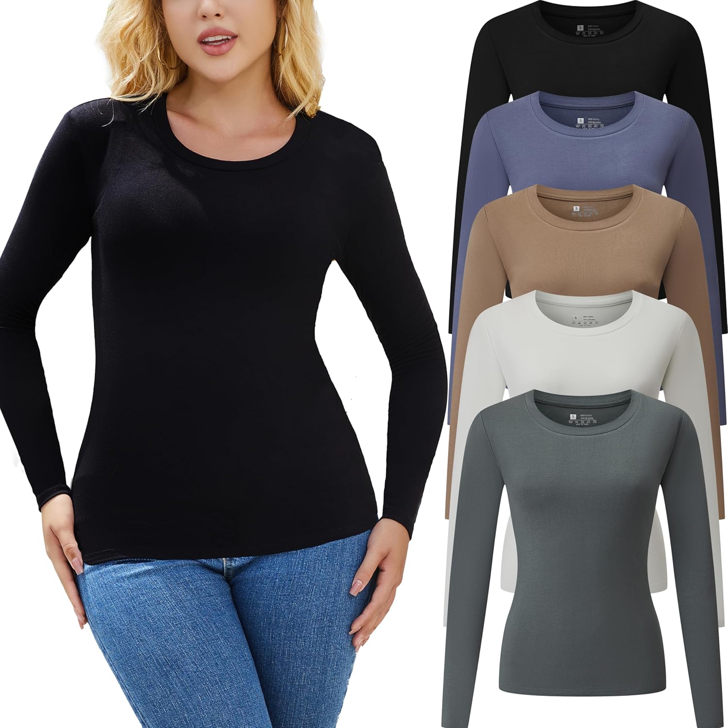 5 Pack Long Sleeve Shirts for Women Crew Neck Basic T Shirt Fall Stretch Tight Fitted Thermal Shirts Fashion Tops