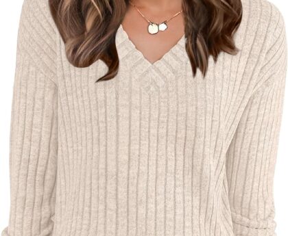 ANRABESS Long Sleeve Shirts for Women V Neck Casual Fall Tops Loose Fit Lightweight Sweaters Tunic Fashion 2025 Clothes