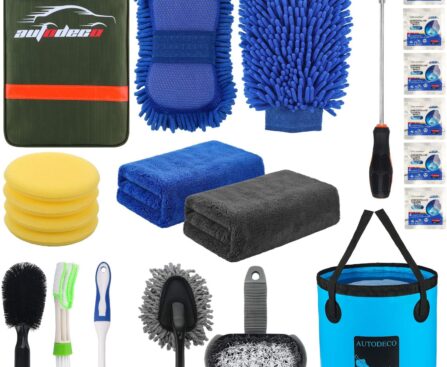 AUTODECO 22Pcs Car Wash Cleaning Tools Kit Car Detailing Set with Olive Green Canvas Bag Collapsible Bucket Wash Mitt Sponge Towels Tire Brush Window Scraper Duster Complete Interior Car Care Kit