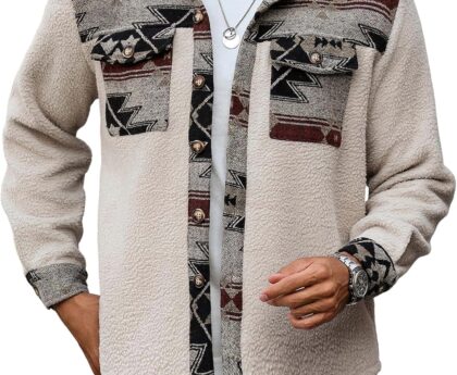 ZAFUL Men’s Ethnic Aztec Printed Jacket Coat Flap Pocket Casual Long Sleeve Lightweight Lapel Faux FleeceShacket Top