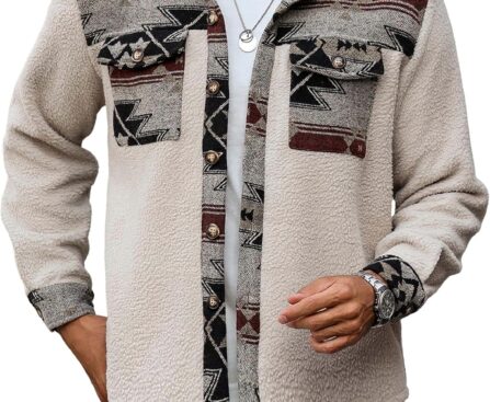 ZAFUL Men’s Ethnic Aztec Printed Jacket Coat Flap Pocket Casual Long Sleeve Lightweight Lapel Faux FleeceShacket Top