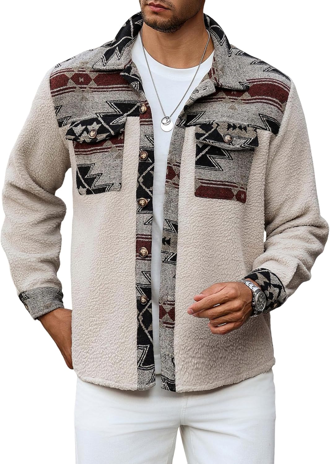 ZAFUL Men’s Ethnic Aztec Printed Jacket Coat Flap Pocket Casual Long Sleeve Lightweight Lapel Faux FleeceShacket Top